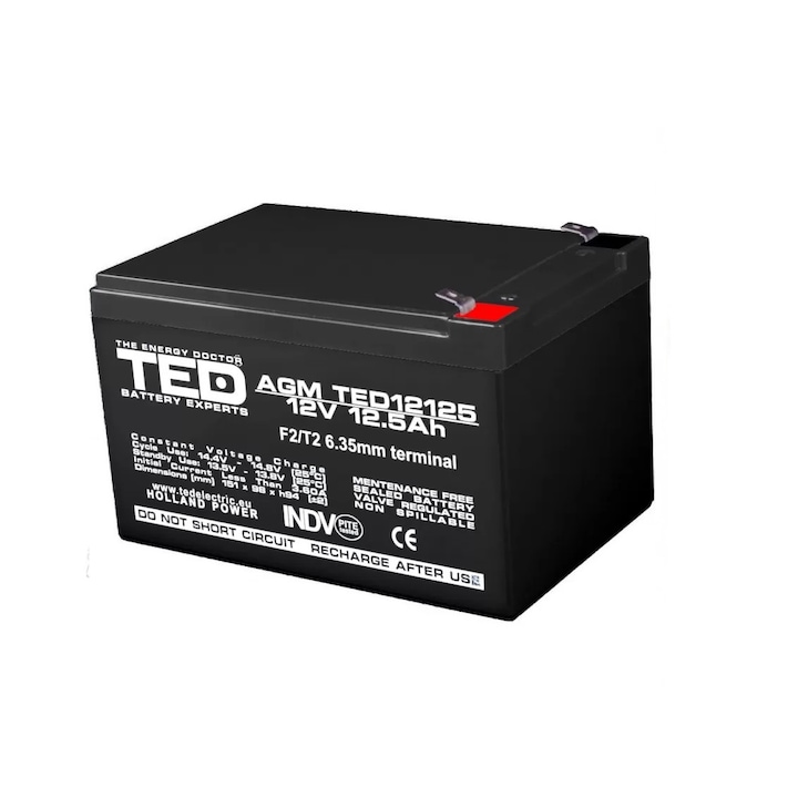 AGM VRLA батерия, 12V 12.5A, размери 151mm x 98mm xh 95mm, F2, TED Battery Expert Holland