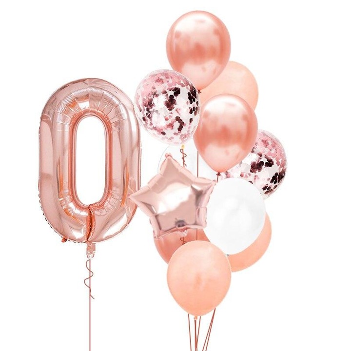 Комплект от 12 балона номер 0 за рожден ден, лице, цвят розово злато, време е за парти, 1 метър