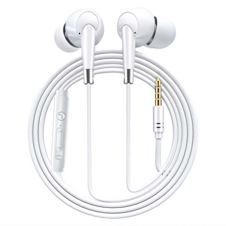 Casti cu fir E-02, YWD-FMM, Jack 3.5 mm, Functie reducerea zgomotului, Alb
