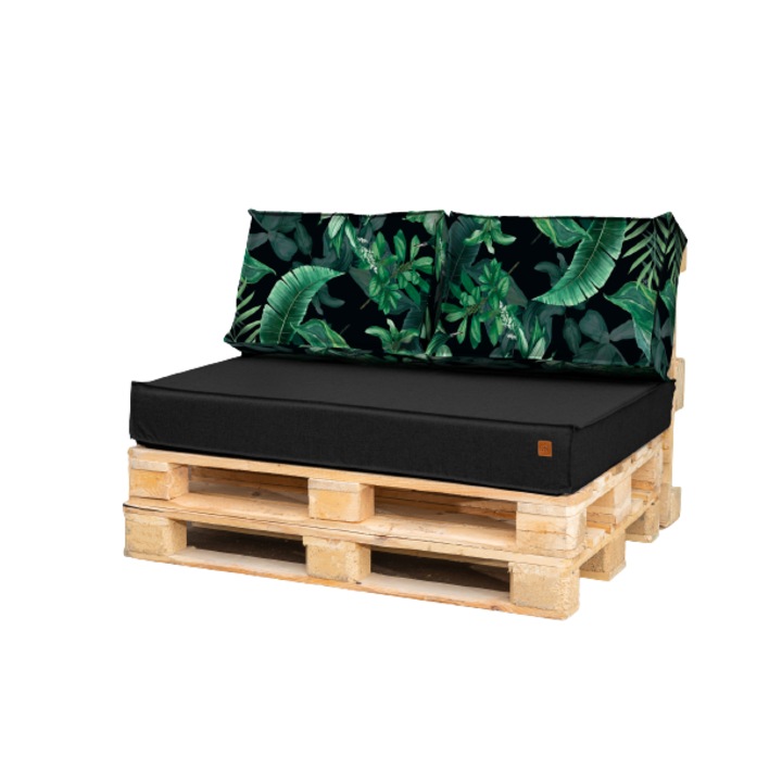 Комплект декоративни възглавници за палети черни със зелени листа 120см х 80см х 15см, 60см х 40см х 15см