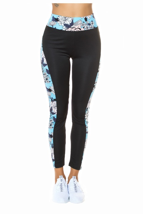 Colanti Dama Flower, Imprimeu Floral, Negru/Turcoaz, Poliamida, Negru/Turcoaz