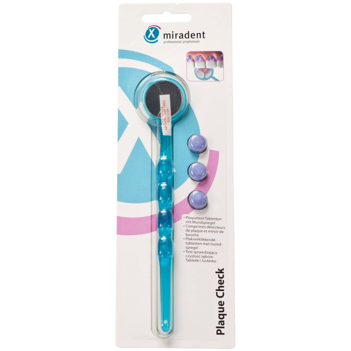 Set Oglinda Dentara si 3x Tablete Revelatoare, Gum, pentru Verificarea Cavitatii Bucale si a Placii Bacteriene, Culoare Albastra