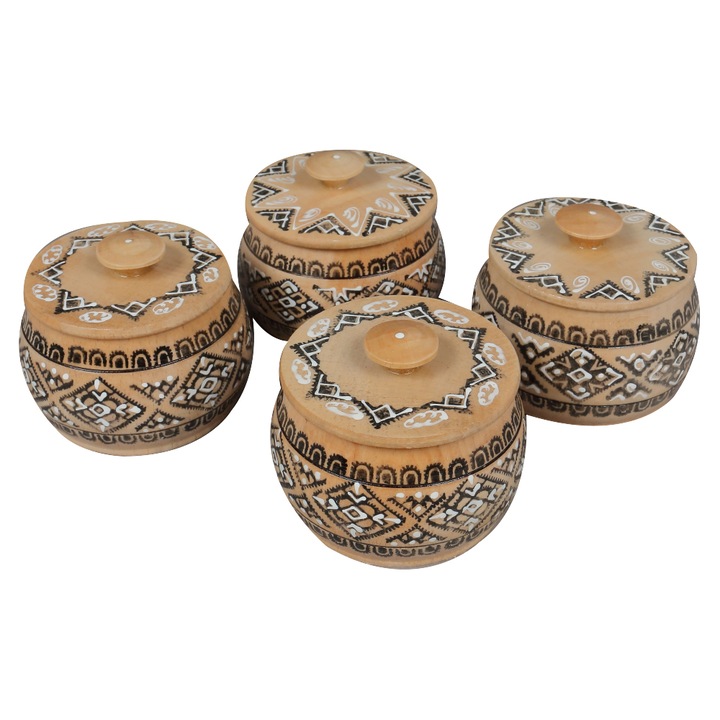 Set 4 recipiente Traditionale cu capac pentru condimente, Lemn, 7x8 cm