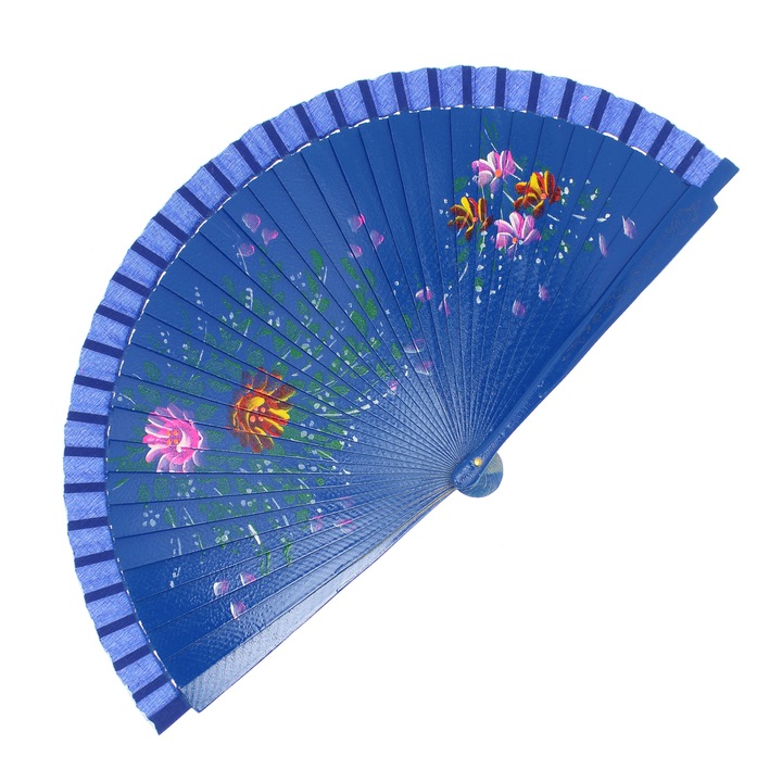 Evantai pliabil, din lemn, Buticcochet, model cu floricele pictate, 23 cm, Albastru - EV236