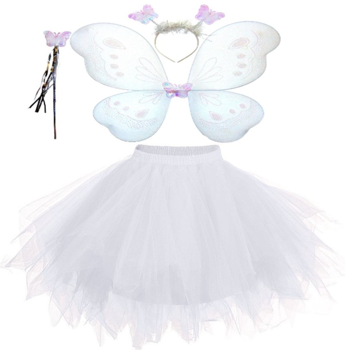 Set costum serbare fete fluture, fusta, aripi, bagheta, bentita, alb, 6-9 ani