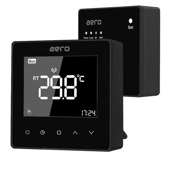 Termostat AERO TP618RFW Black Wi-Fi, Wireless, pentru Centrala Termica, Smart, Programabil, Alexa, Google, Aplicatie Tuya, Smart Life, Negru