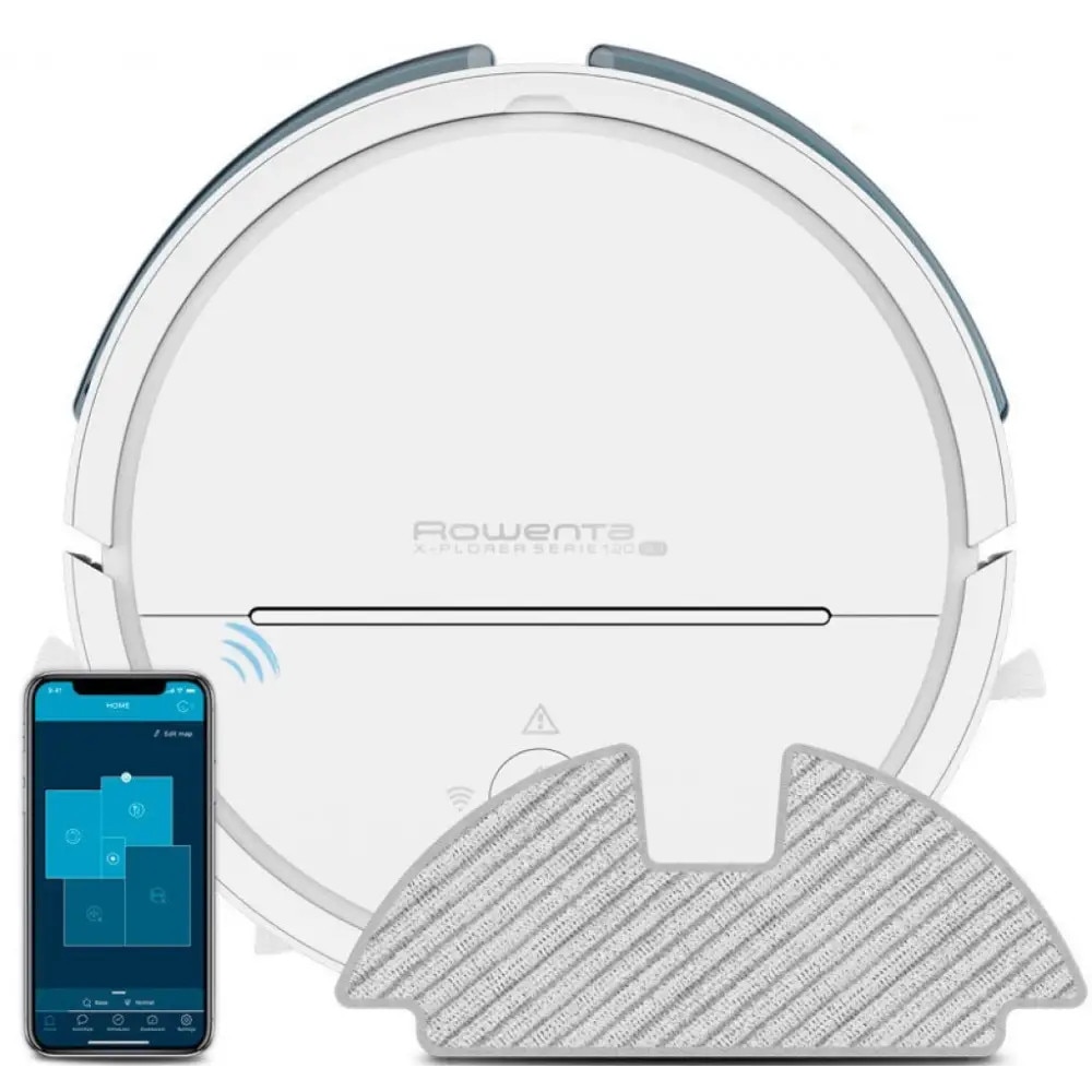 Aspirator robot X-Plorer Serie 120 AI RR7867WH, Wi-Fi, Li-ion, 120 min, 0.7 L, Control prin aplicatie, 6 senzori, Perie de cauciuc, Nivel zgomot 65 dB(A), Alb