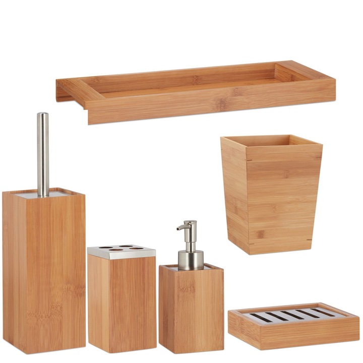 Set accesorii de baie, 6 piese, bambus si inox, maro natur/argintiu