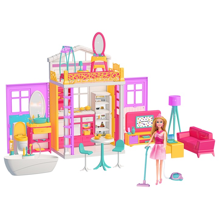 Комплект за игра, къща за кукли, вилата на Линда, на 2 нива, включва кукла 30 см, мебели и аксесоари, кухня, спалня, всекидневна, баня, височина 55 см, 3 години, многоцветен