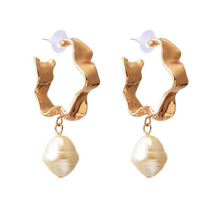 Cercei aurii, cu textura sifonata si perle, Zelma C5, Pursehuit