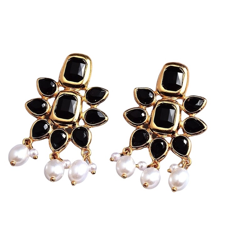 Cercei aurii, forma de floare, cu pietre negre si perle, Wolga C4, Pursehuit