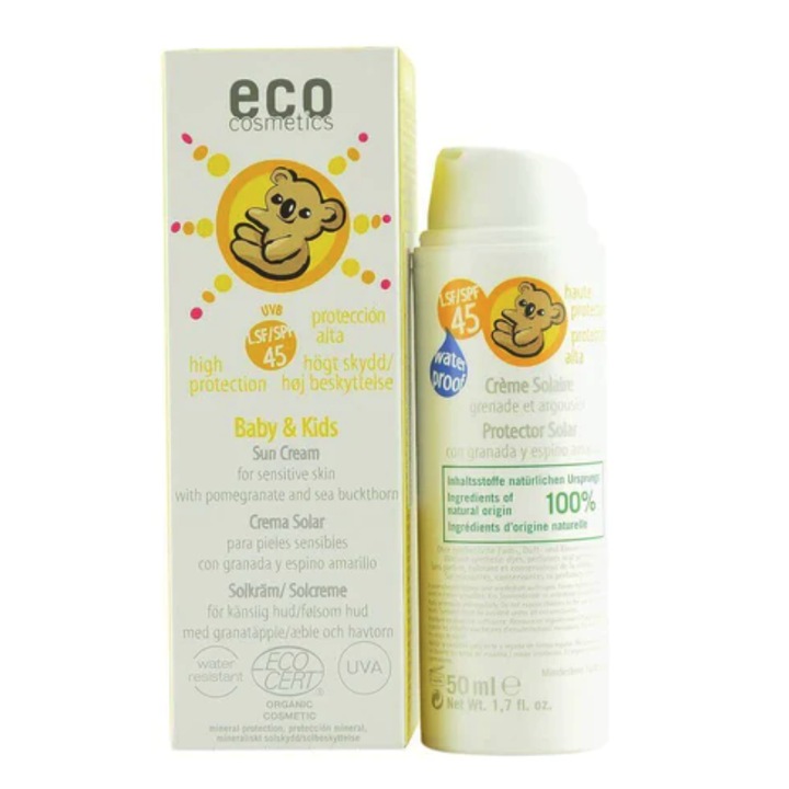 Crema Bio de Protectie Solara Minerala pentru Bebelusi si Copii SPF45 –50 ml Eco Cosmetics | 100% Naturala, Fara Nanoparticule, Rezistenta la Apa, Certificata Ecocert, cu Ulei de Rodie si Catina pentru Hidratare si Protectie UV Avansata