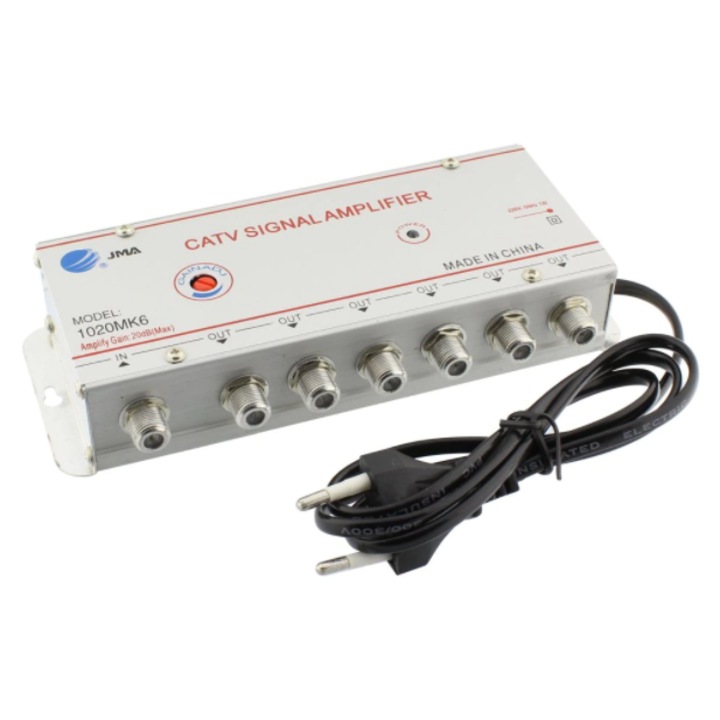 Amplificator Semnal TV KlaussTech, 6 Iesiri, 6 Cai, 220V-50Hz, Mareste Viteza de Transmisie, Alb