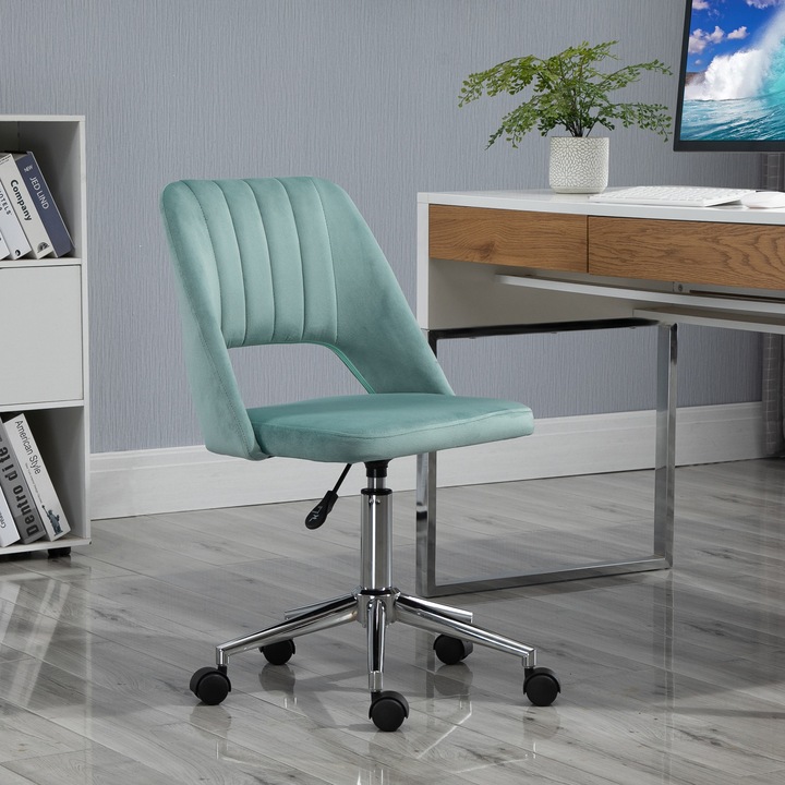 Офис стол Vinsetto, Стомана/Полиестер, Въртящ се, Регулируема височина, Зелен, 49 x 54 x 79-91 см