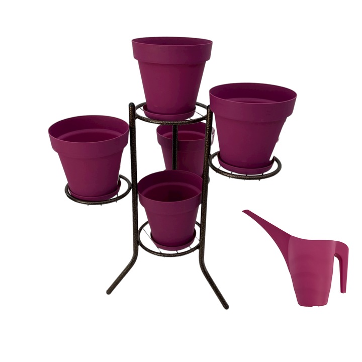 Set suport ghivece metalic maro cu 5 ghivece flori Yali mov si stropitoare