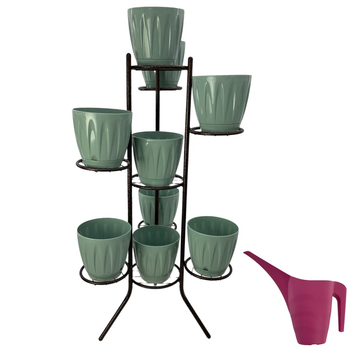 Set suport ghivece metalic maro cu 9 ghivece flori Daisi verzi si stropitoare