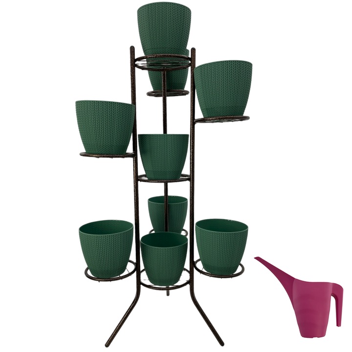Set suport ghivece metalic maro cu 9 ghivece flori Sumela culoare verde si stropitoare