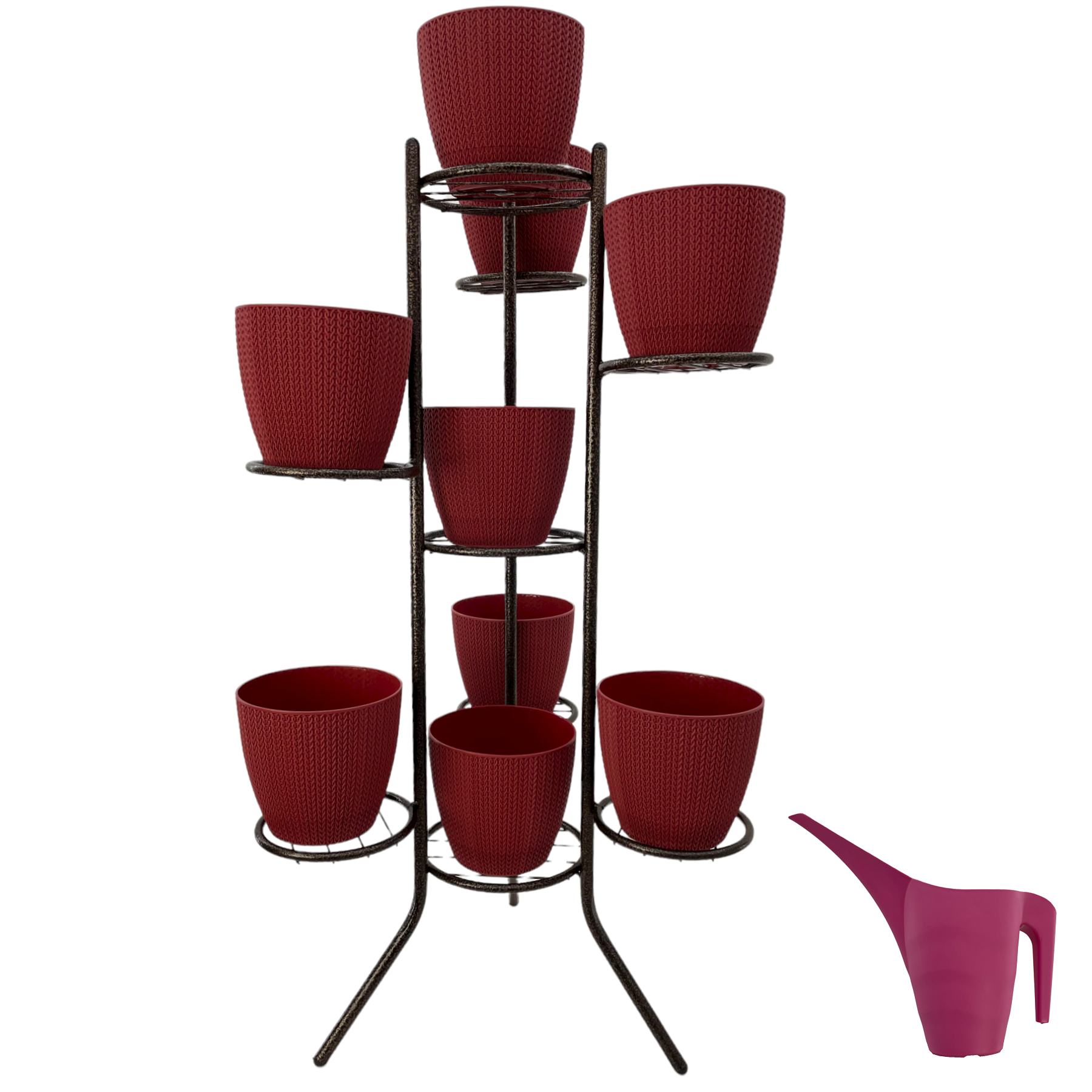 Set suport ghivece metalic maro cu 9 ghivece flori Sumela culoare rosie si stropitoare