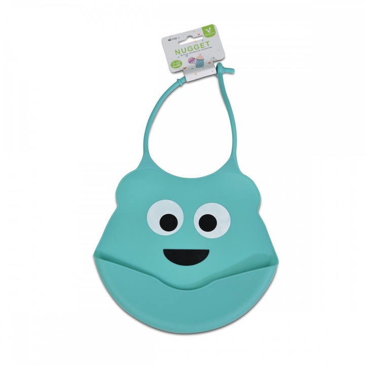 Bavetica Cangaroo pentru bebelusi, cu buzunar, din silicon, inchidere velcro, 0-24 luni, albastru