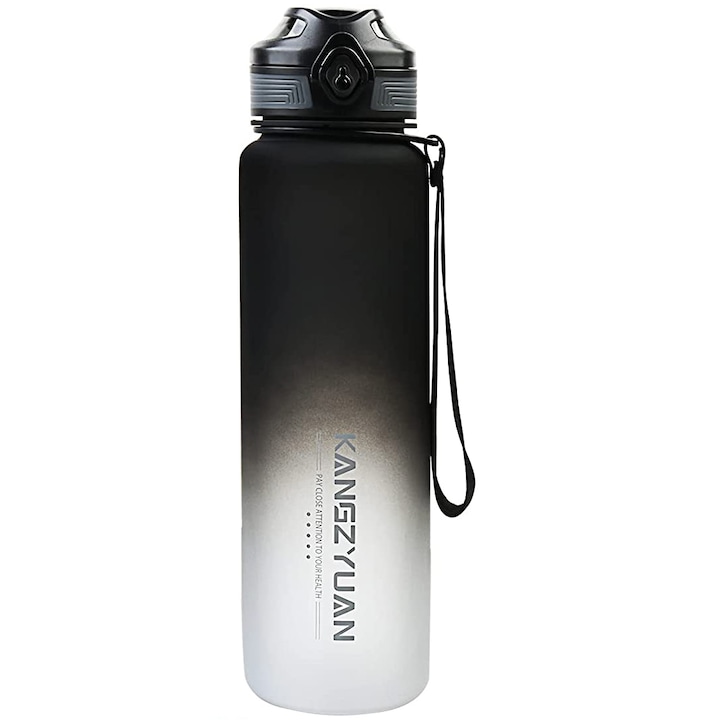 Бутилка за вода KANGZYUAN, Пластмаса/ Тритан, 29x7,5 см, 1000 мл, Бял/Черен