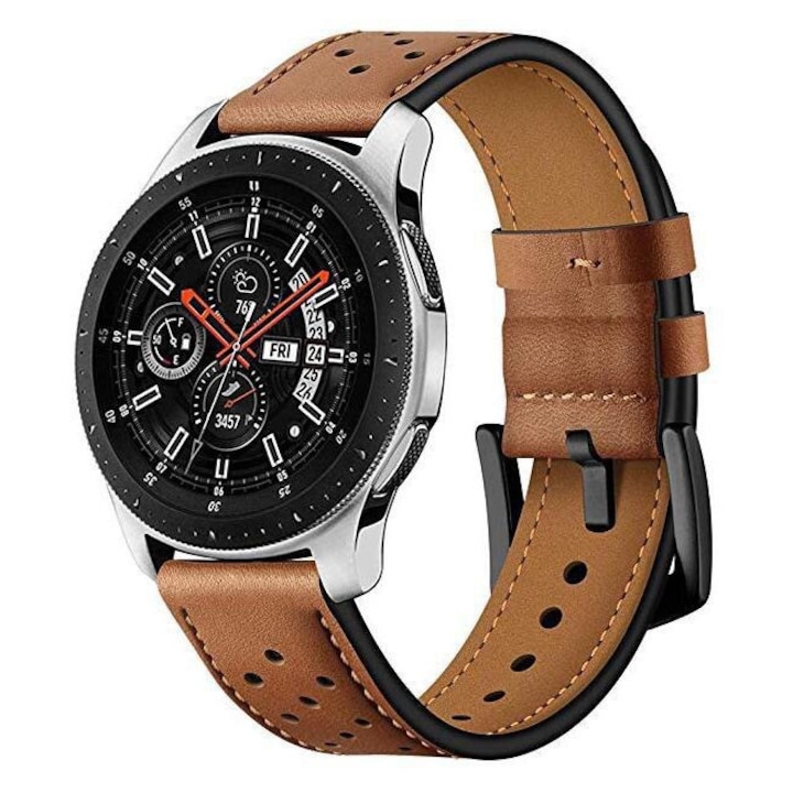 SvodMedia természetes bőr óraszíj, kompatibilis minden 22 mm-es szíjjal rendelkező órával, Samsung Galaxy Watch 46 mm, barna