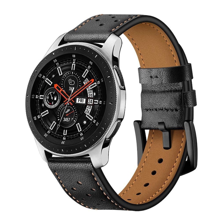 SvodMedia természetes bőr óraszíj, kompatibilis minden 22 mm-es szíjjal rendelkező órával, Huawei Watch GT 2 46 mm-es okosóra, Samsung Galaxy Watch 46 mm, fekete