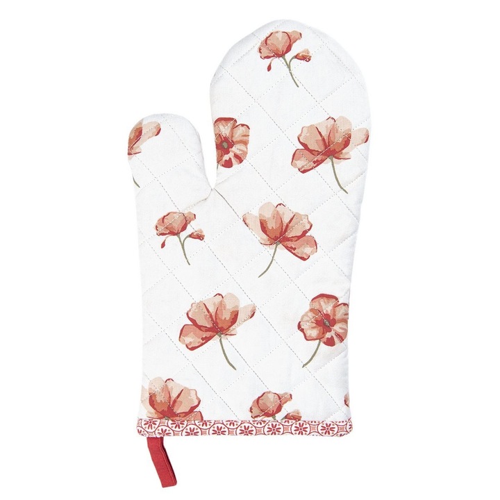 Manusa de bucatarie termorezistenta bumbac alb rosu 30 cm x 16 cm