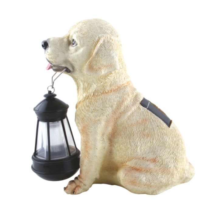 Lampa solara, model catelus, pentru gradina sau terasa, cu felinar, lumina alba, inaltime 24.5 cm