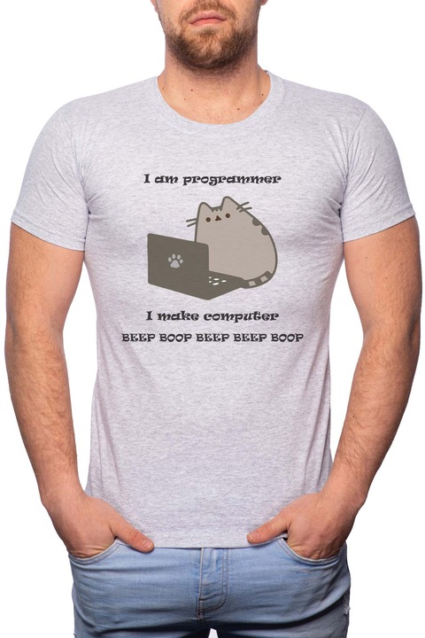 Programmer Cat, Normál fazonú feliratos férfi poló, 100% Pamut, 449, Szürke