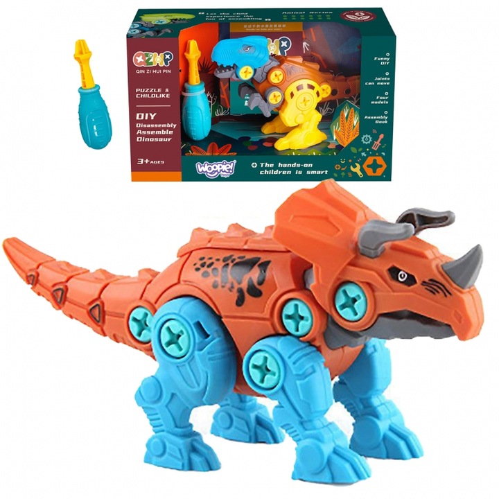 Set de asamblare dinozaur Triceratops, Cutie, DIY, surubelnita, WOOPIE