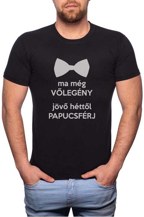 Házasság - Papucsférj, Normál fazonú feliratos férfi poló, 100% Pamut, 455, Fekete