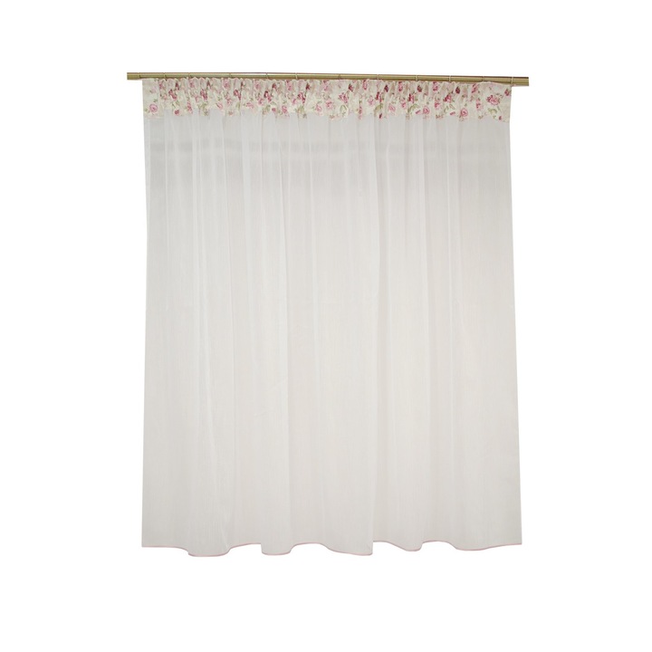Perdea Velaria in alb cu flori roz, 210x150 cm