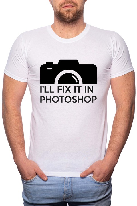 Photoshop, Normál fazonú feliratos férfi poló, 100% Pamut, 467, Fehér