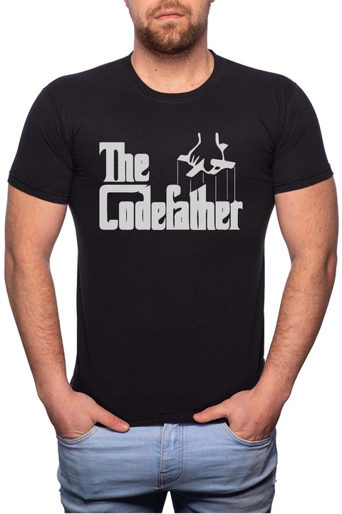 The Codefather, Normál fazonú feliratos férfi poló, 100% Pamut, 476, Fekete
