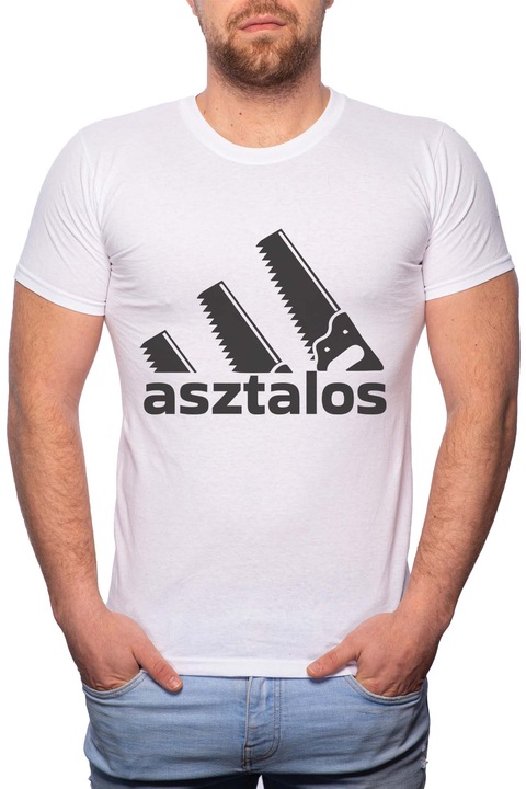 Asztalos, Normál fazonú feliratos férfi poló, 100% Pamut, 477, Fehér