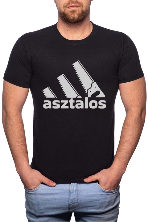Asztalos, Normál fazonú feliratos férfi poló, 100% Pamut, 477, Fekete