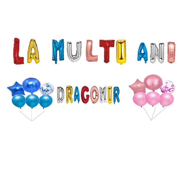 Szett Happy Birthday Dragomir lufi, tortafeltét, többszínű, 35 db