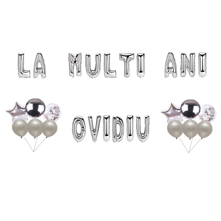 Boldog születésnapot Ovidiu lufi szett, tortafeltét, ezüst, 35 db