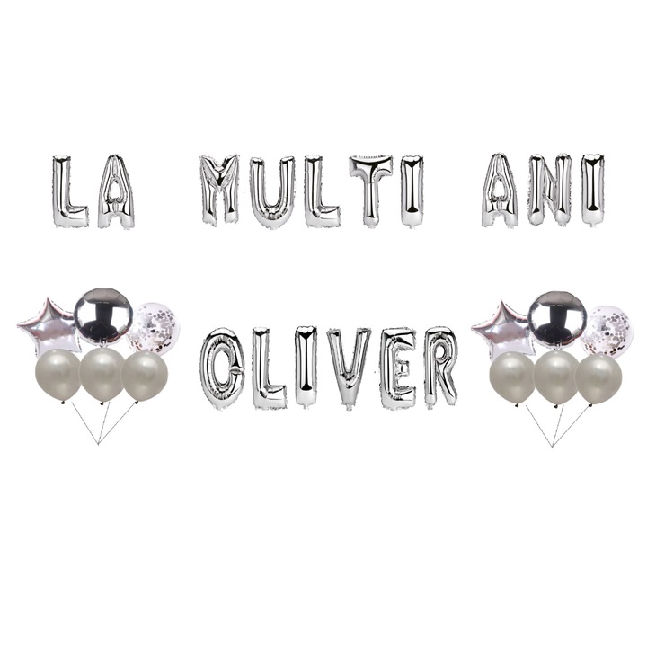 Boldog születésnapot Olivér lufi szett, tortafeltét, ezüst, 35 db
