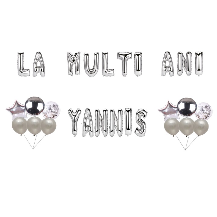 Boldog születésnapot lufi szett Yannis, tortafeltét, ezüst, 35 db