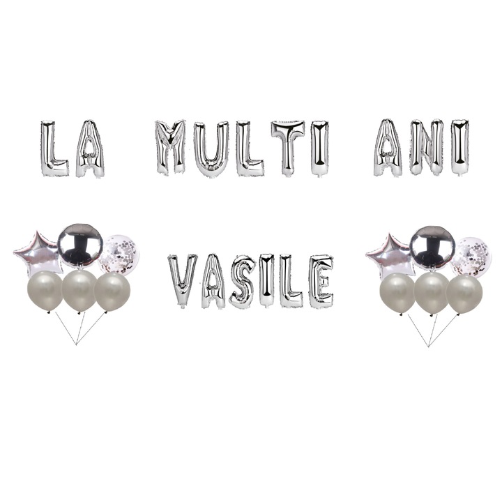 Boldog születésnapot Vasile lufi szett, tortafeltét, ezüst, 35 db