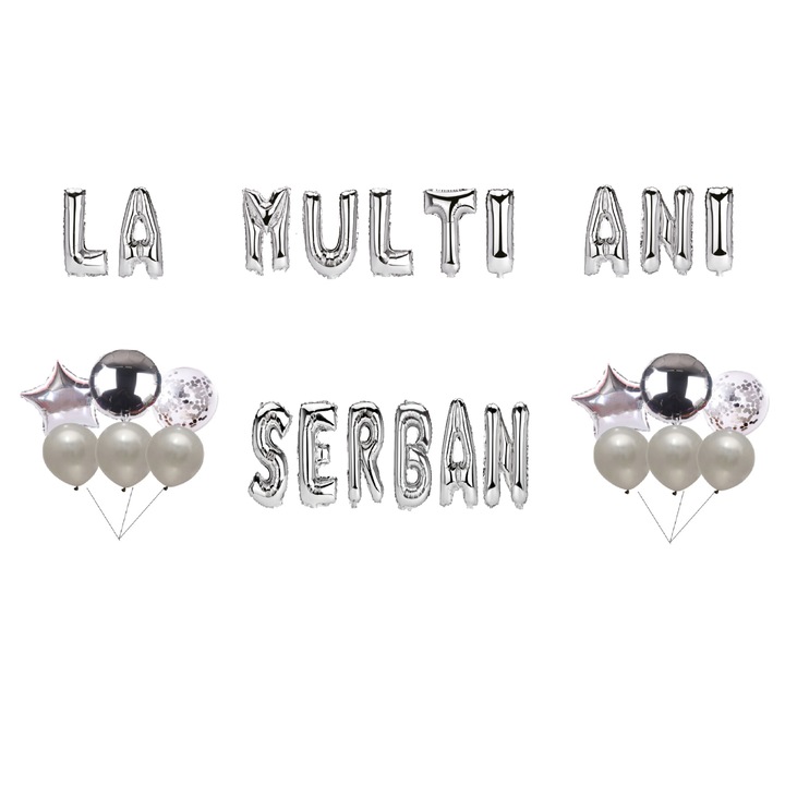 Szerb Boldog születésnapot lufi szett, tortafeltét, ezüst, 35 db