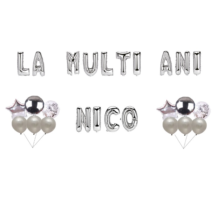 Boldog születésnapot Nico lufi szett, tortafeltét, ezüst, 35 db