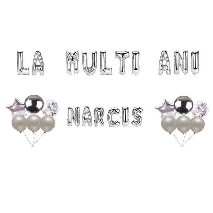Boldog születésnapot nárcisz lufi szett, tortafeltét, ezüst, 35 db