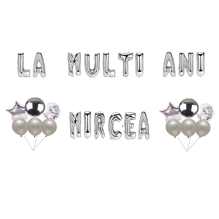 Boldog születésnapot Mircea lufi szett, tortafeltét, ezüst, 35 db