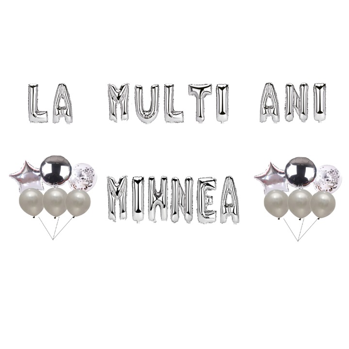Mihnea Boldog születésnapot lufi szett, tortafeltét, ezüst, 35 db