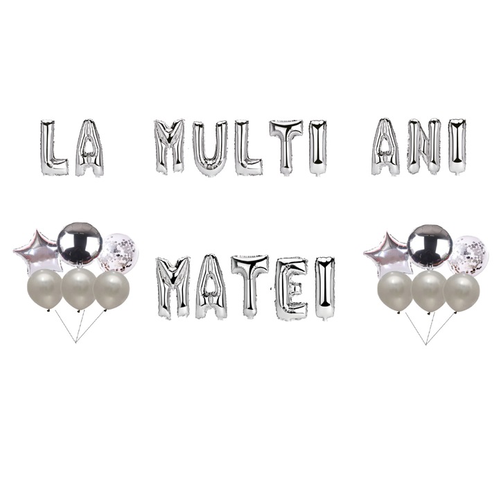 Boldog születésnapot Matei lufi szett, tortafeltét, ezüst, 35 db
