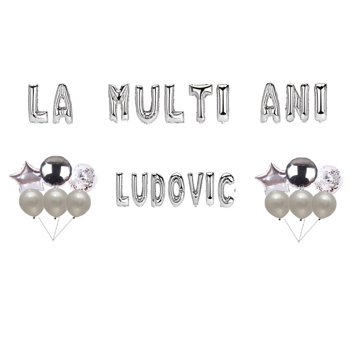 Boldog születésnapot Ludovic lufi szett, tortafeltét, ezüst, 35 db
