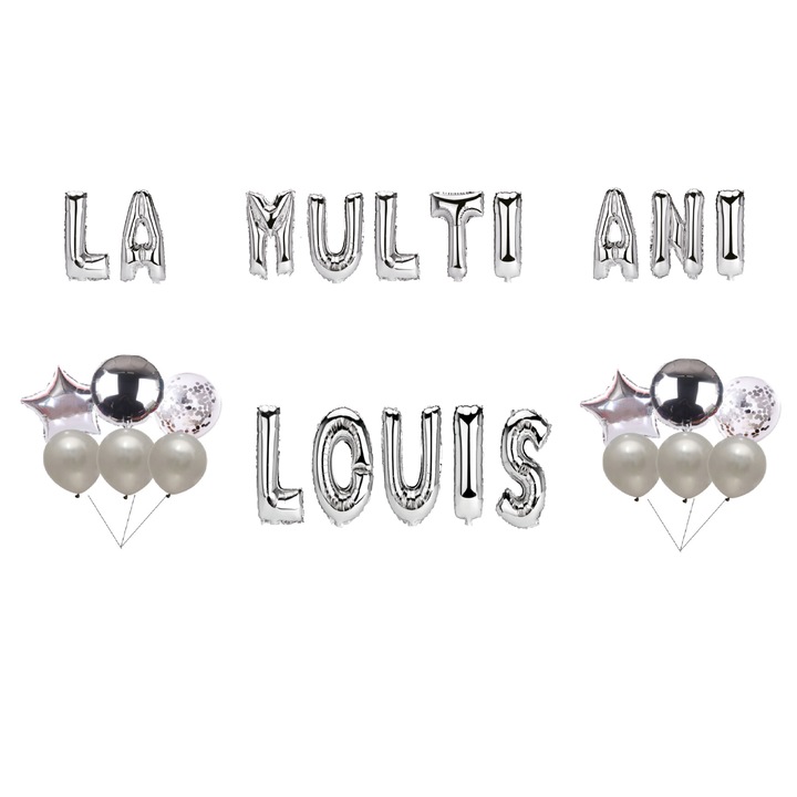 Boldog születésnapot Louis lufi szett, tortafeltét, ezüst, 35 db