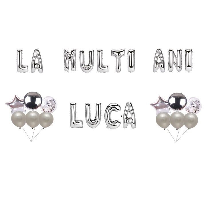 Boldog születésnapot Luca lufi szett, tortafeltét, ezüst, 35db